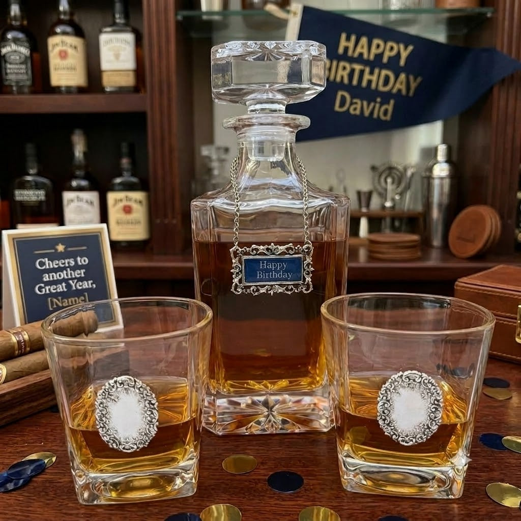 A clear glass Happy Birwhiskey decanter with a stopper and two matching rocks glasses, all filled with amber liquor, arranged on a wooden bar counter. The glasses have oval silver-and-white decorative medallions, and the decanter has a small blue label reading Happy Birthday
