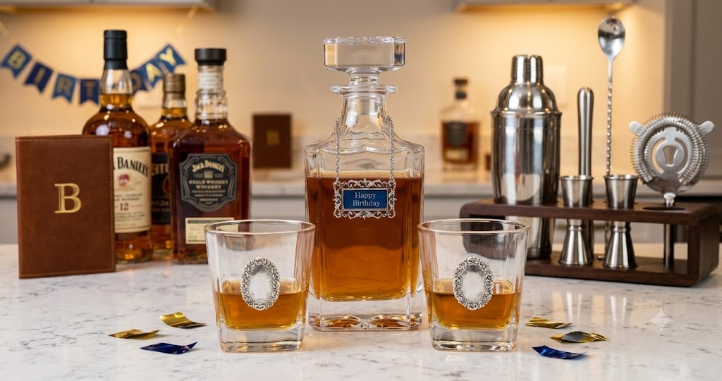 A Happy Birthday  bar-themed product display featuring a clear glass decanter filled with amber liquor, two matching rocks glasses with decorative silver medallions, and a stainless steel cocktail shaker and jigger set on a marble counter, with whiskey bottles blurred in the background.