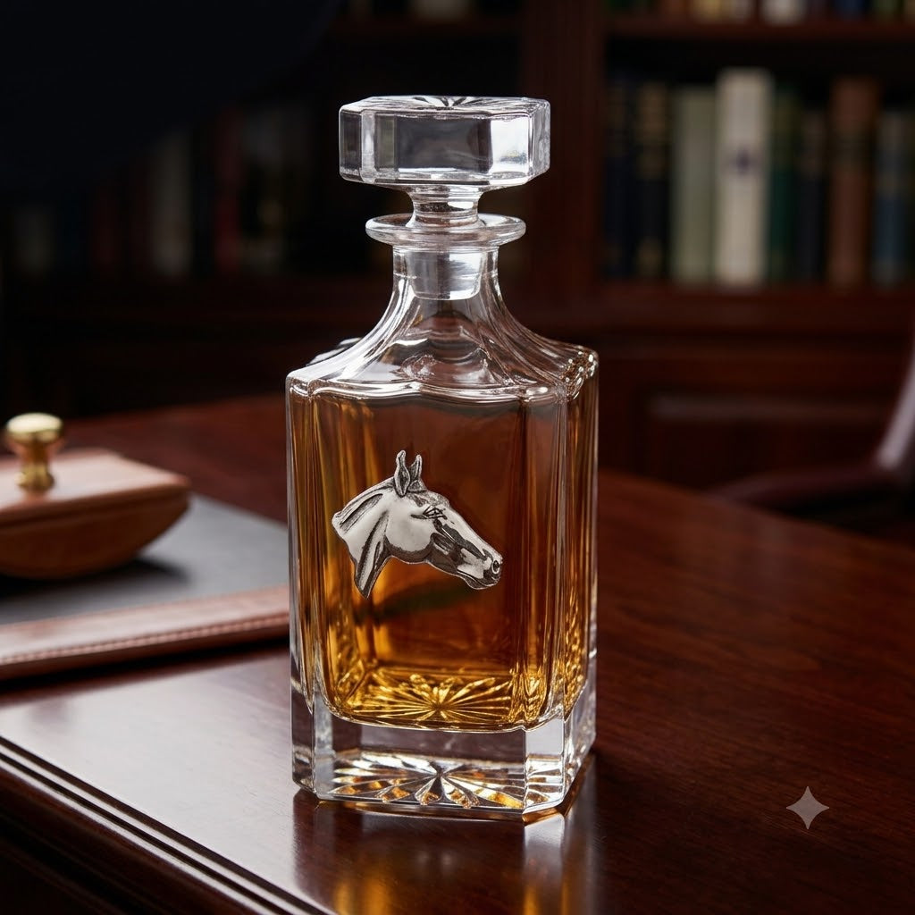 Decanter with Silver horse head is the perfect gift for the man who loves horses and bourbon.   This decanter is sitting on a wood counter in a home bar.