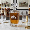 Decanter with Silver horse head is the perfect gift for the man who loves horses and bourbon.   This decanter is sitting on a white marble counter in a home bar.