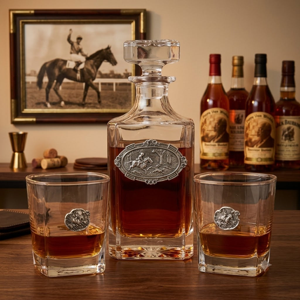 A clear horse and hound glass decanter and two matching whiskey glasses with silver-toned medallion emblems, filled with amber liquor, arranged on a wooden table. A framed equestrian photo hangs on the wall, and several whiskey bottles sit blurred in the background.