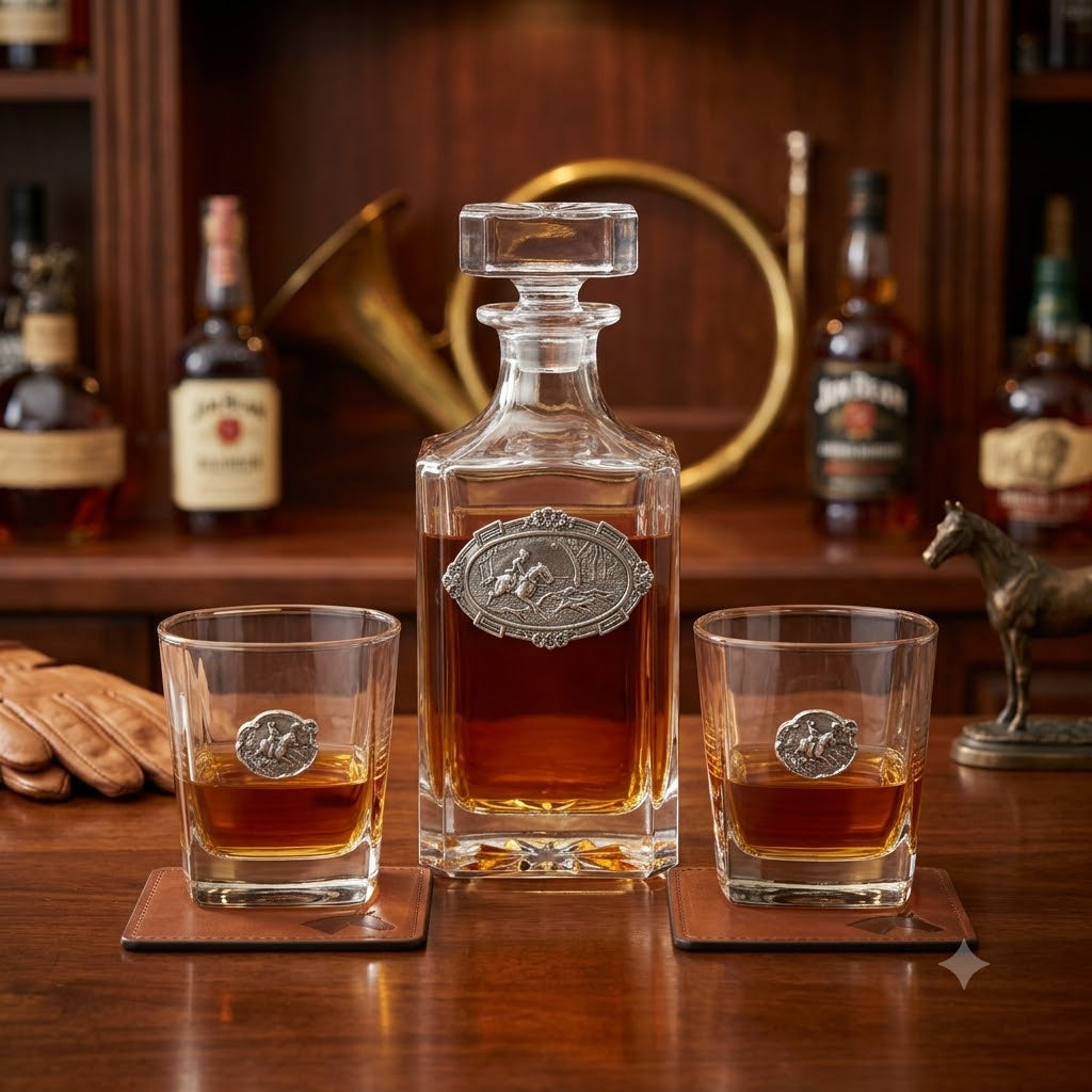 A clear horse and hound glass decanter with an embossed silver medallion on the front, shown with two matching clear glasses filled with amber liquor on a wooden table. The background features a dark wood shelf with bottles and decorative objects.