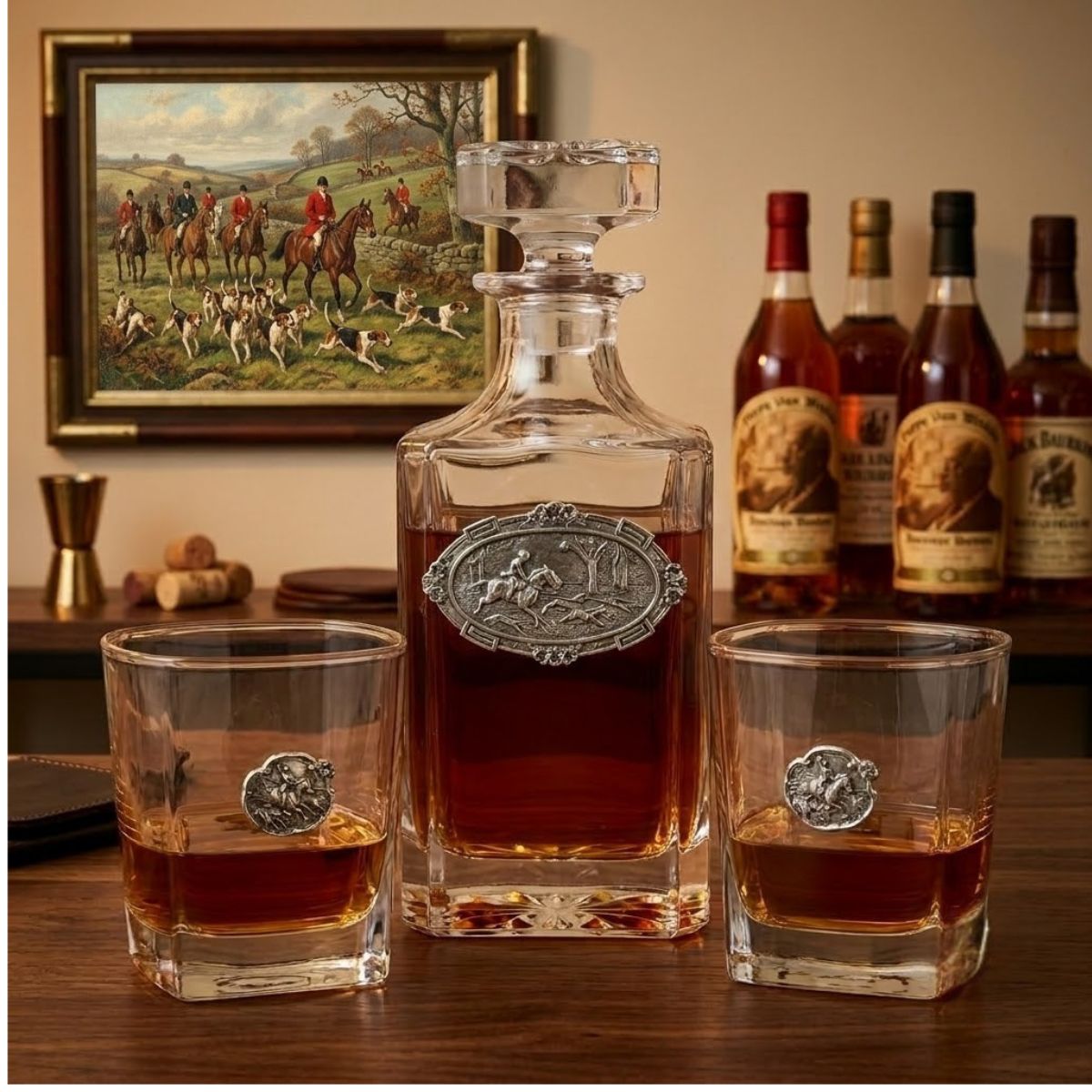 Horse and hound decanter set  | Gift for horse lover Includes large decanter and two bourbon glasses.