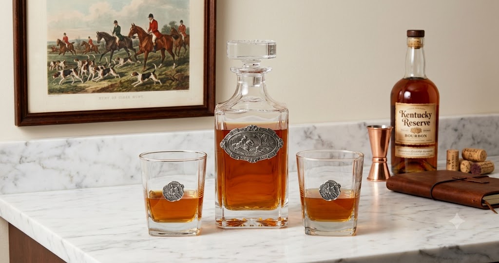 A horse and hound whiskey decanter and two matching rocks glasses with silver medallion engravings, displayed on a white marble countertop next to a bottle of Kentucky Reserve whiskey and a copper jigger.