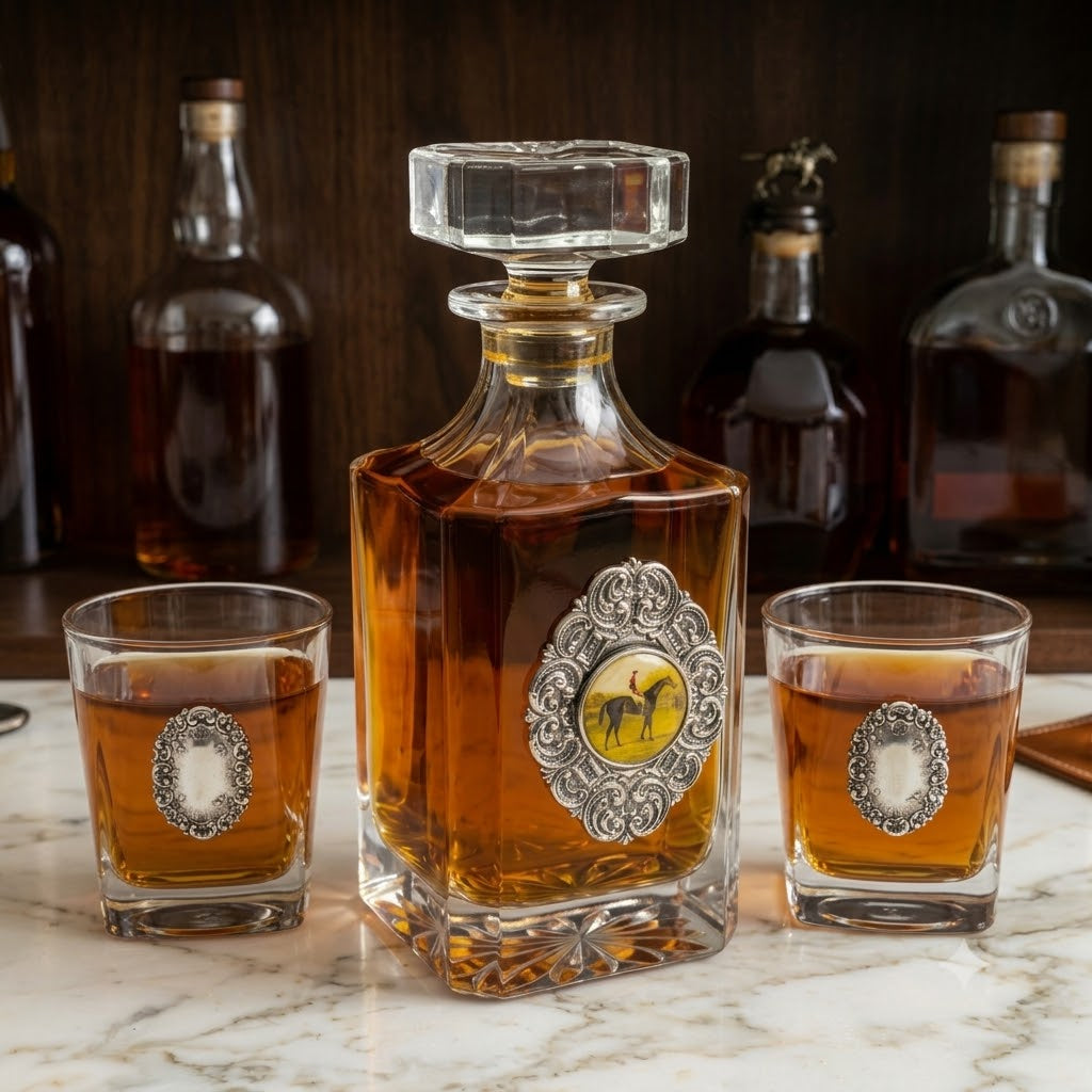 The horserace decanter set  includes a large decanter embellished with a silver medallion and a large art image of a vintage racehorse.  The Bourbon glasses are also embellished with silver medallions.