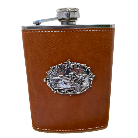 Brown Leather Flask, Silver Horse Racing Medallion, Racehorse Fan Gift