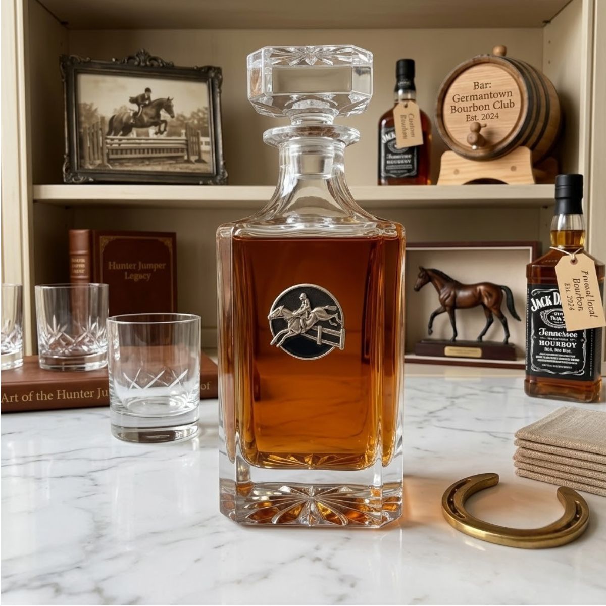Decanter with Medallion for an equestrian horse lover who is a hunter jumper sportsman.   Shown sitting in a home bar.   Gift for a hunter jumper rider.