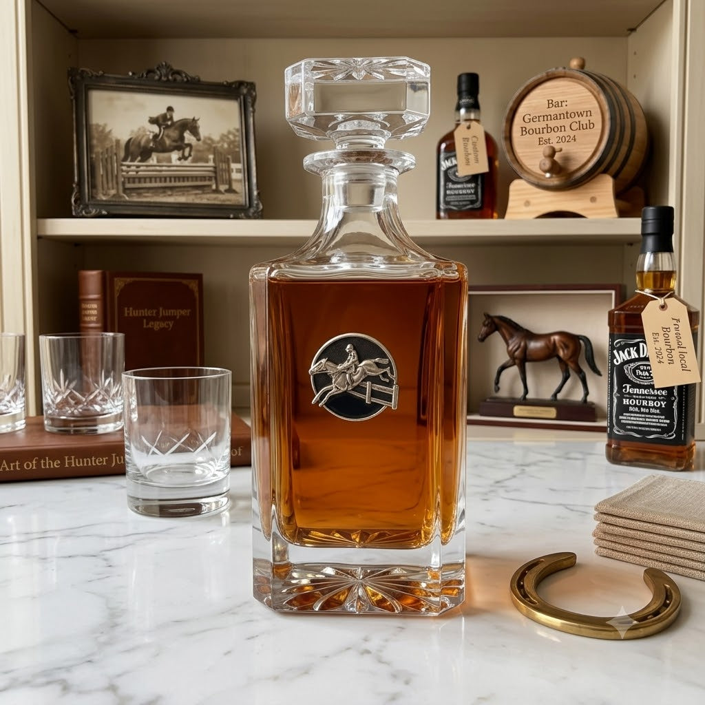 Decanter with Medallion for an equestrian horse lover that is a hunter jumper sportsman.   Shown sitting in a home bar.   Gift for a hunter jumper rider.