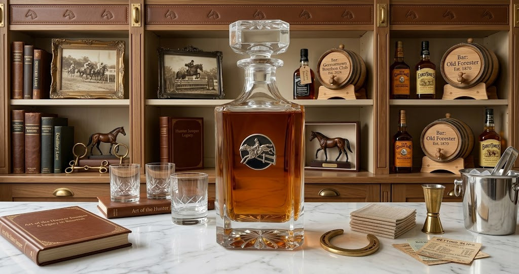 Decanter with Medallion for an equestrian horse lover that is a hunter jumper sportsman.   Shown sitting in a home bar.   Gift for a hunter jumper rider.