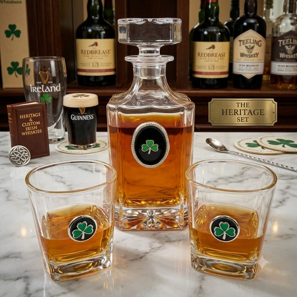 A clear glass decanter and two matching lowball glasses with shamrock stickers, arranged on a marble surface with whiskey bottles and branded glasses in the background.