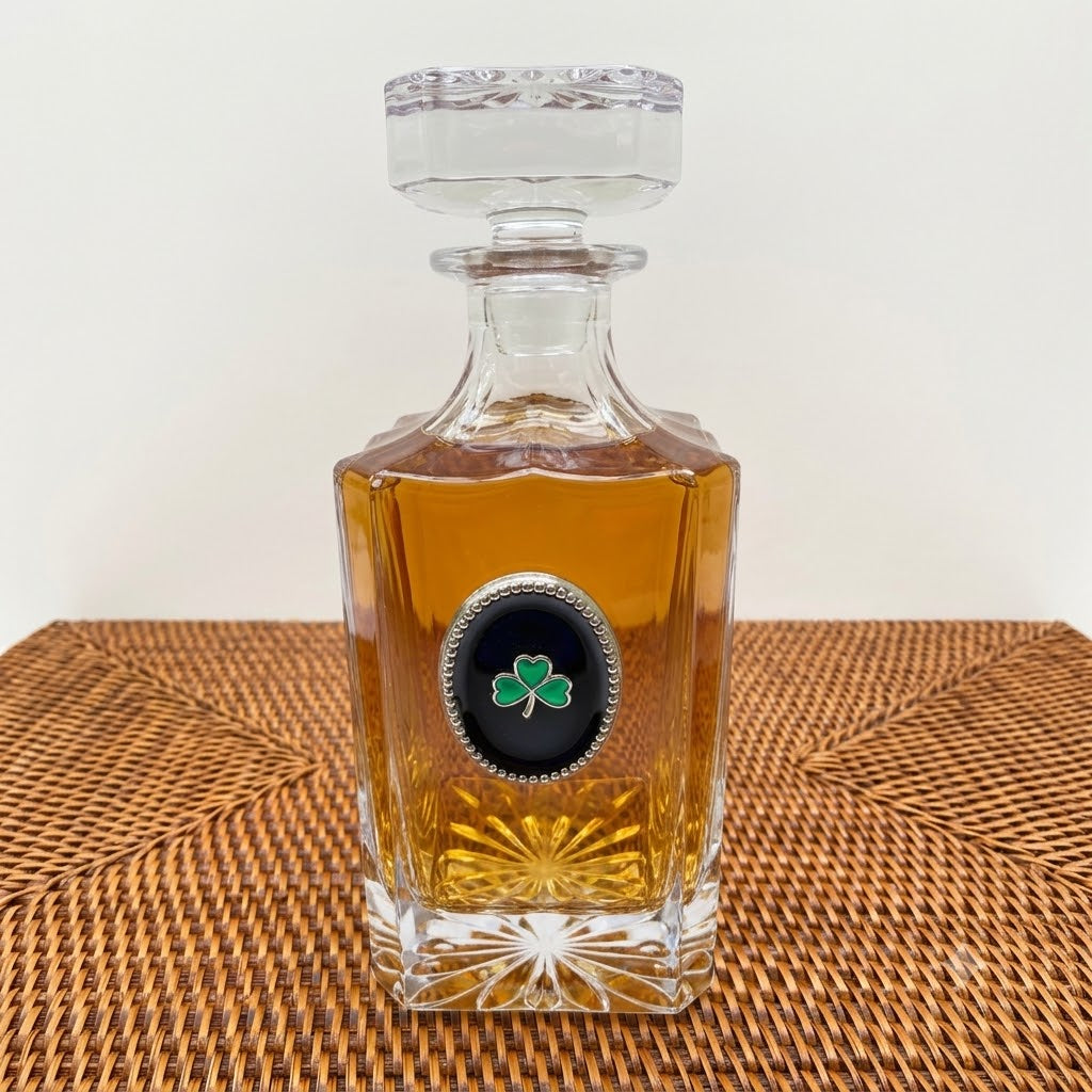 Irish Shamrock Decanter Gift for lover of Ireland and bourbon lover Shown on a wicker mat