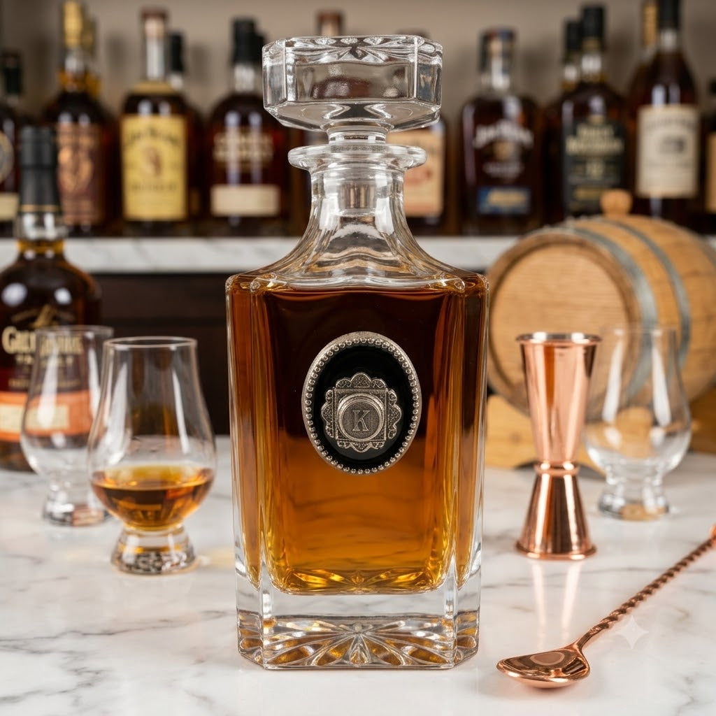 Initial Decanter gift for bourbon lover.  Every letter is available to customize this decanter for a very special gift for a bourbon lover.  This is shown sitting on a white marble counter.
