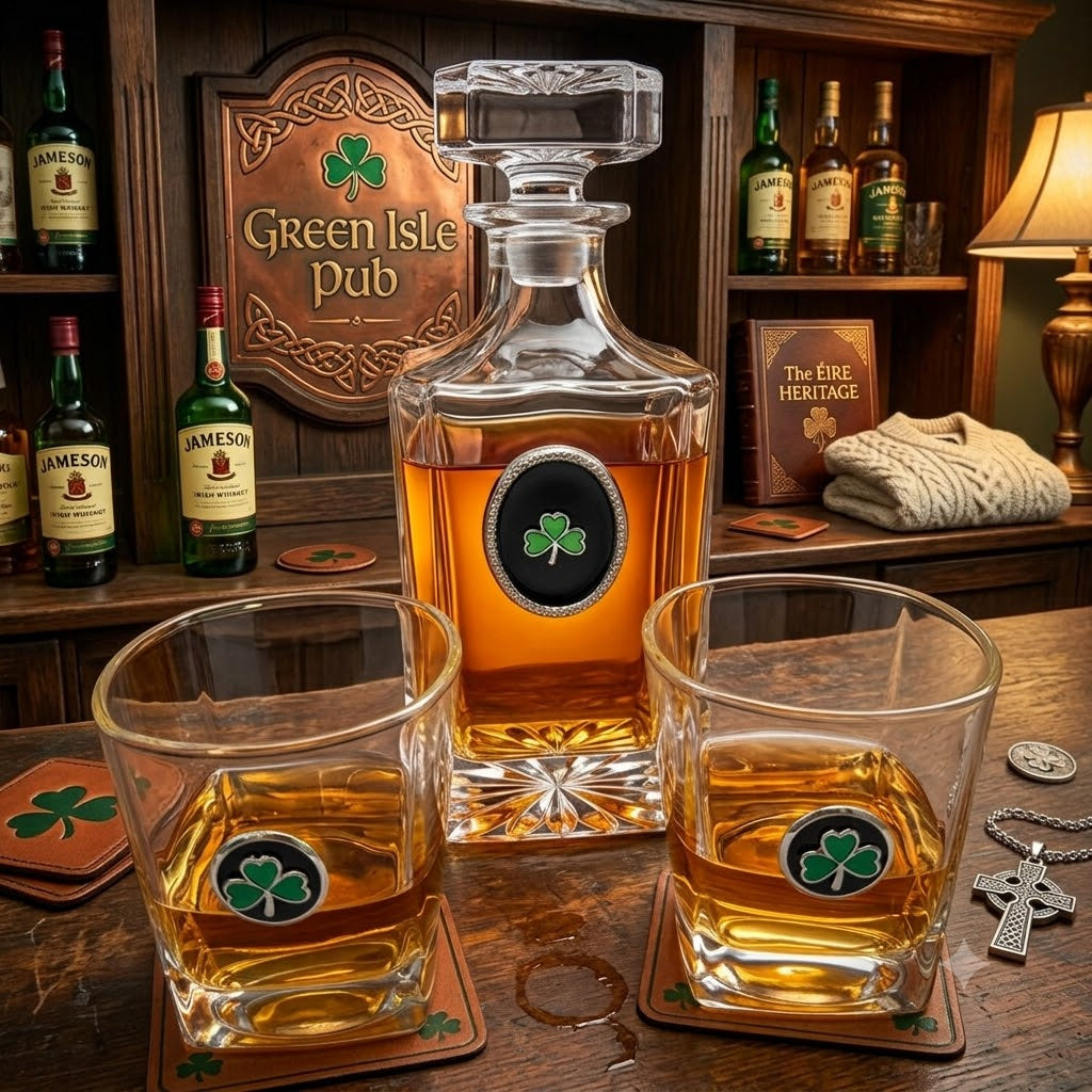 A clear glass whiskey decanter and two matching rocks glasses filled with amber liquor, each printed with a green shamrock emblem, arranged on a wooden bar counter. The background shows a pub-style setting with bottles, a sign reading Green Isle Pub, and warm ambient lighting.