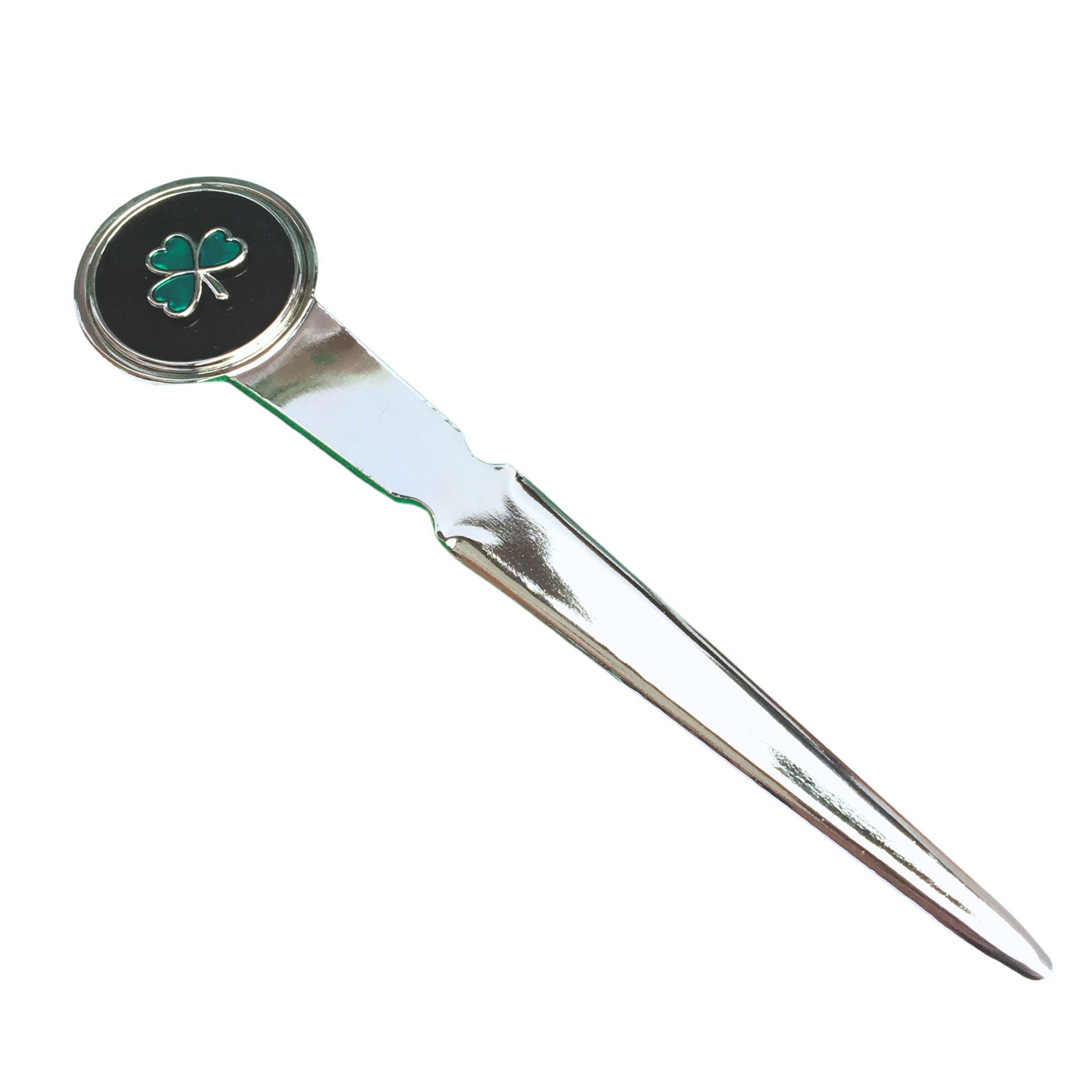 Metal letter opener with a four-leaf clover design on a white background. Gift for a lover of Ireland