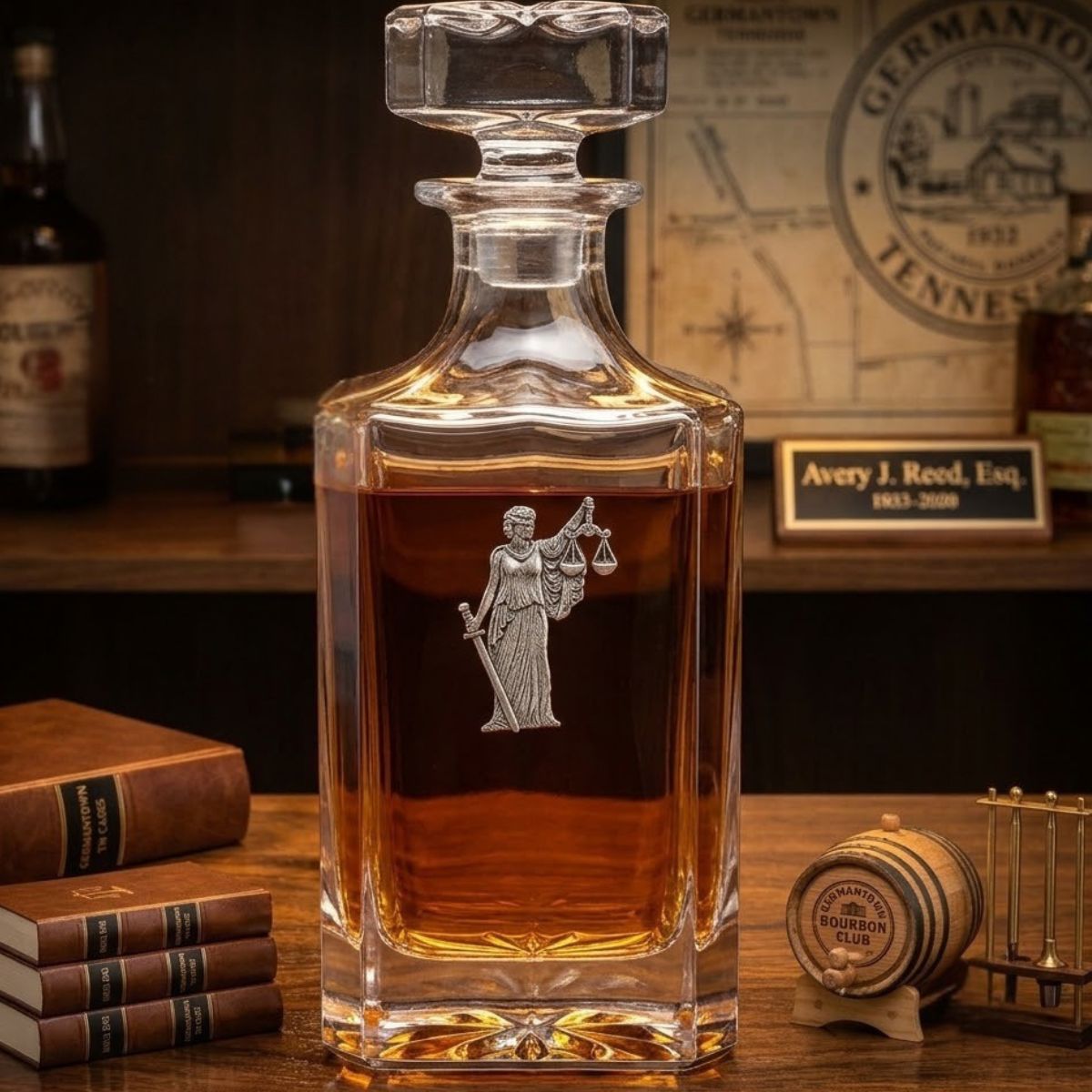 Lawyer theme decanter with large silver Lady Justice.  Great gift for lawyer and bourbon lover.

