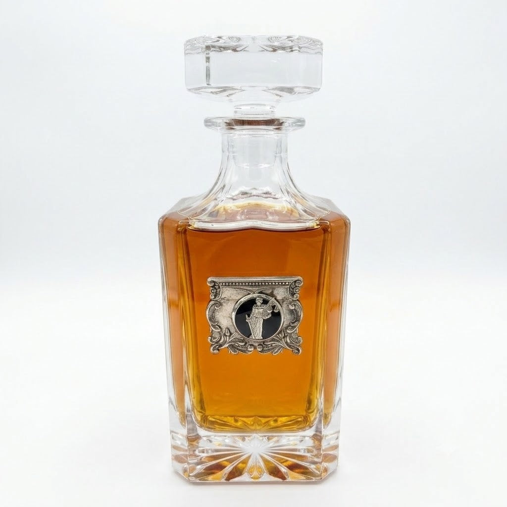 decanter with lawyer theme silver medallion with lady justice .   Great gift for lawyer retirement.