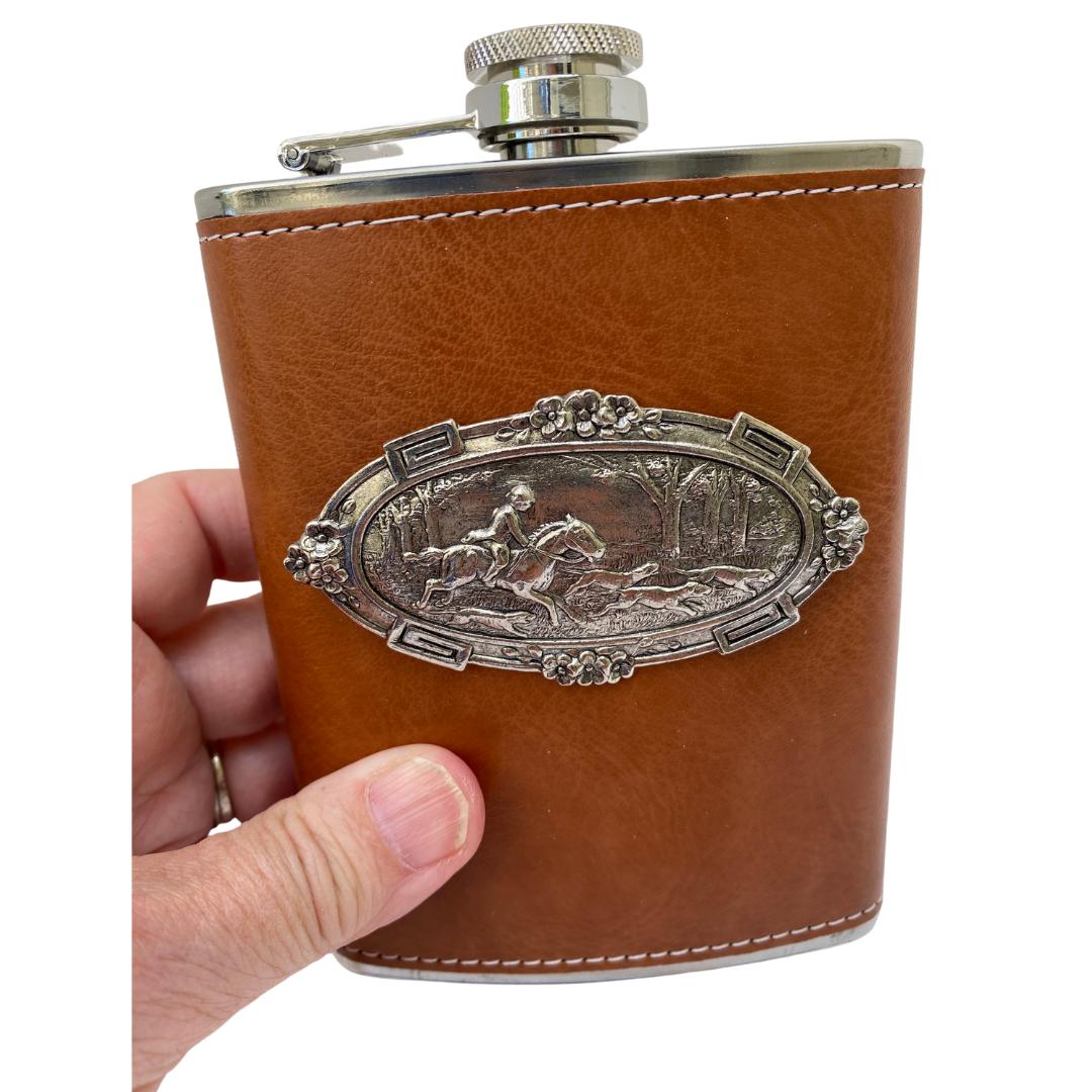 Brown Leather Flask,  Horse & Hounds Medallion,  Horse Lover Gift