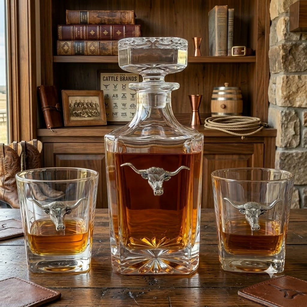 The longhorn decanter set features a large crystal decanter and two bourbon glasses.  Each is embellished with a handcrafted silver longhorn.  