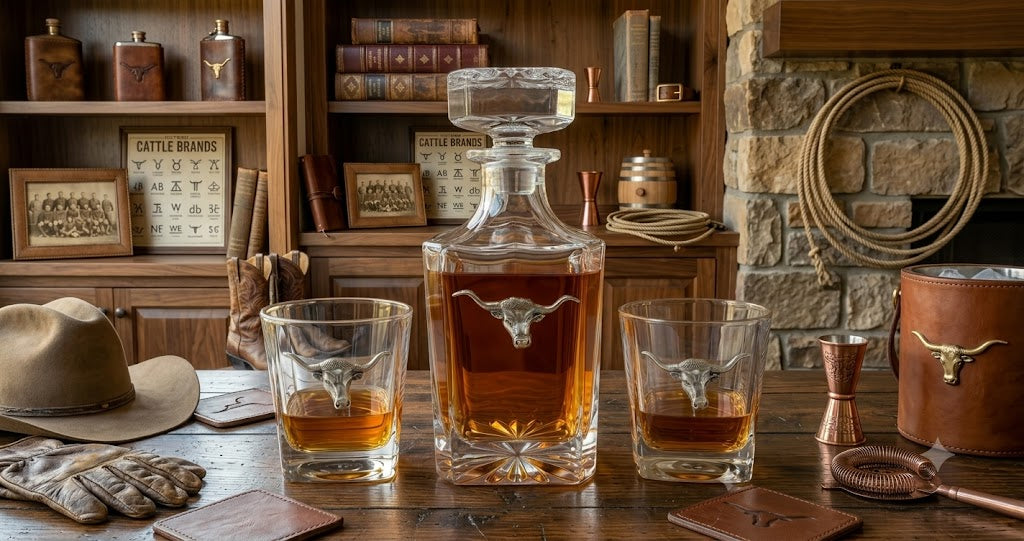 The longhorn decanter set features a large crystal decanter and two bourbon glasses.  Each is embellished with a handcrafted silver longhorn.  