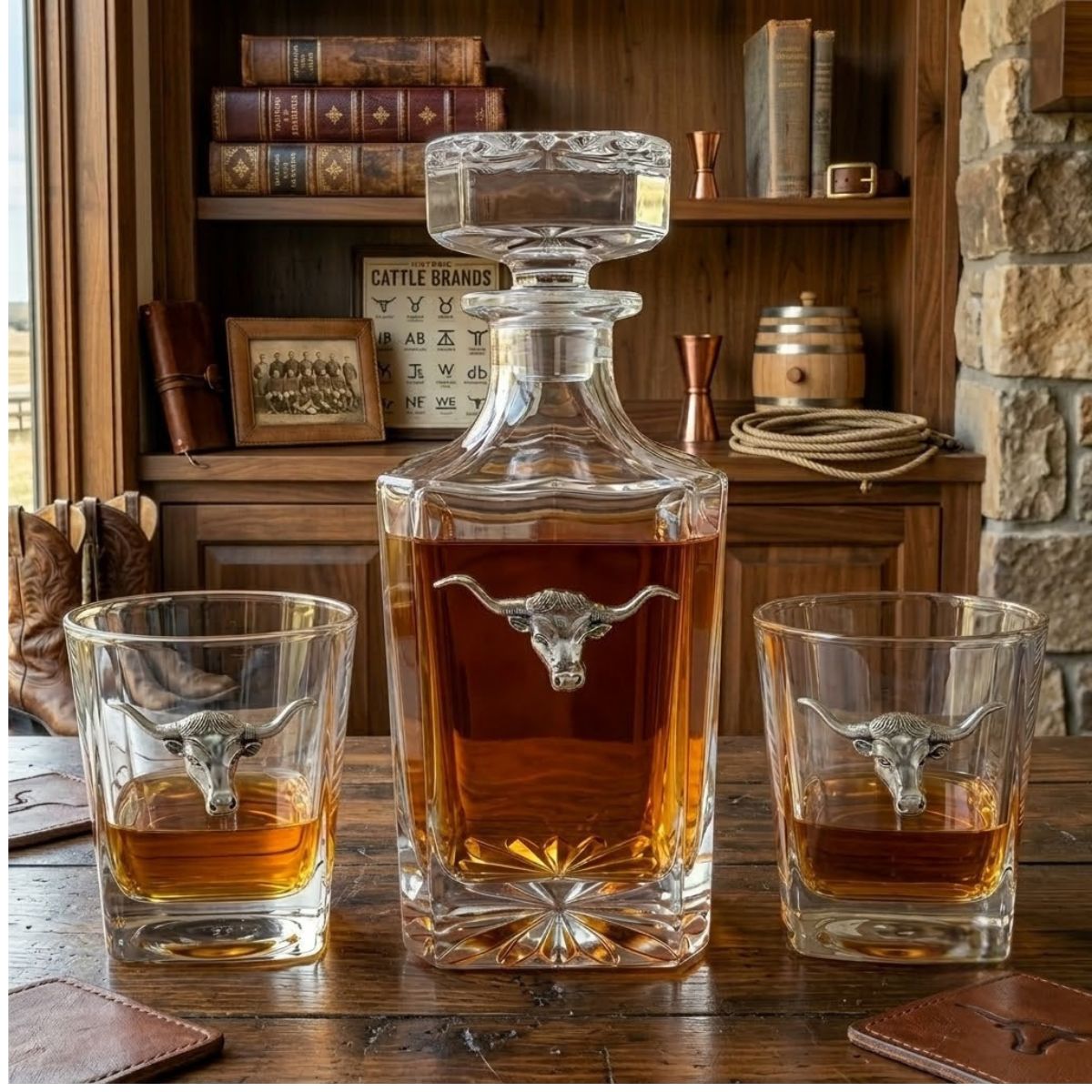 The longhorn decanter set features a large crystal decanter and two bourbon glasses.  Each is embellished with a handcrafted silver longhorn.  
