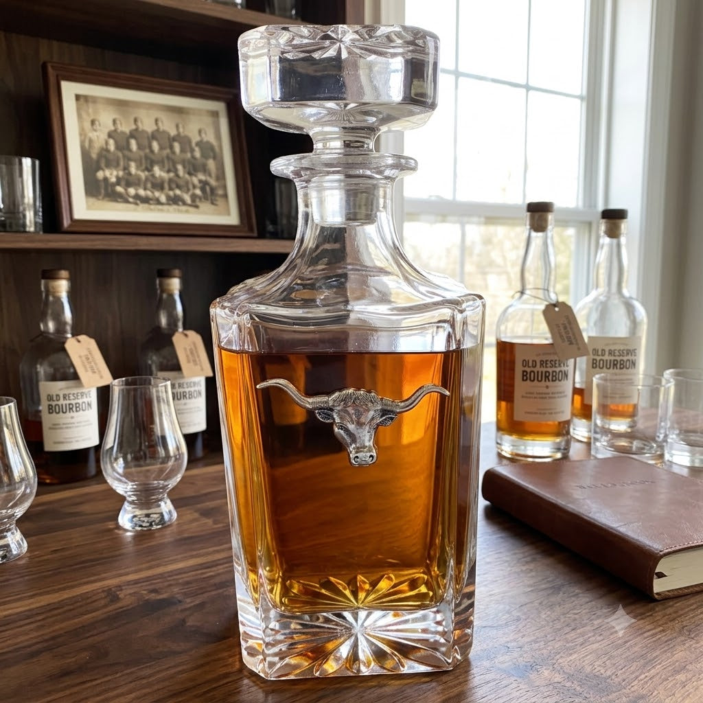 Longhorn decanter with silver longhorn.  Gift for a longhorn fand and bourbon lover.