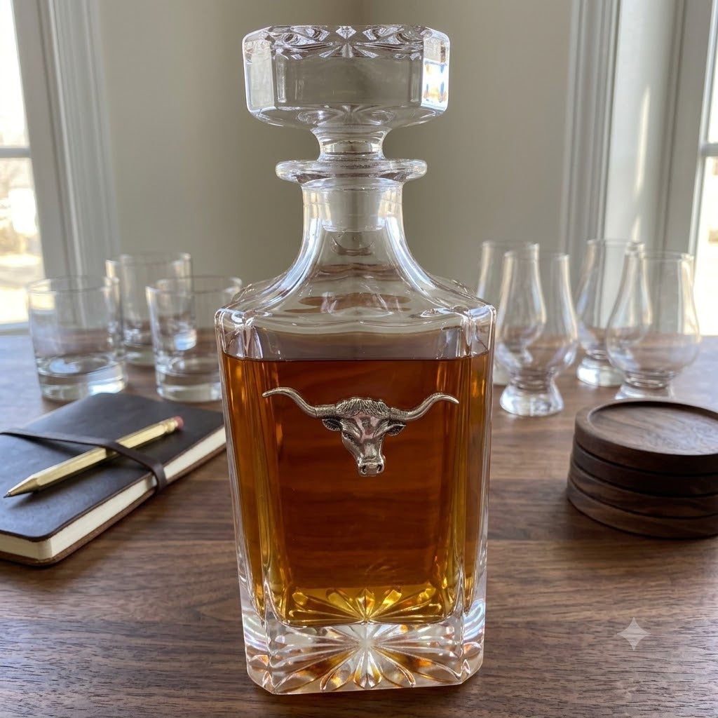 Longhorn decanter with silver longhorn.  Gift for a longhorn fand and bourbon lover.