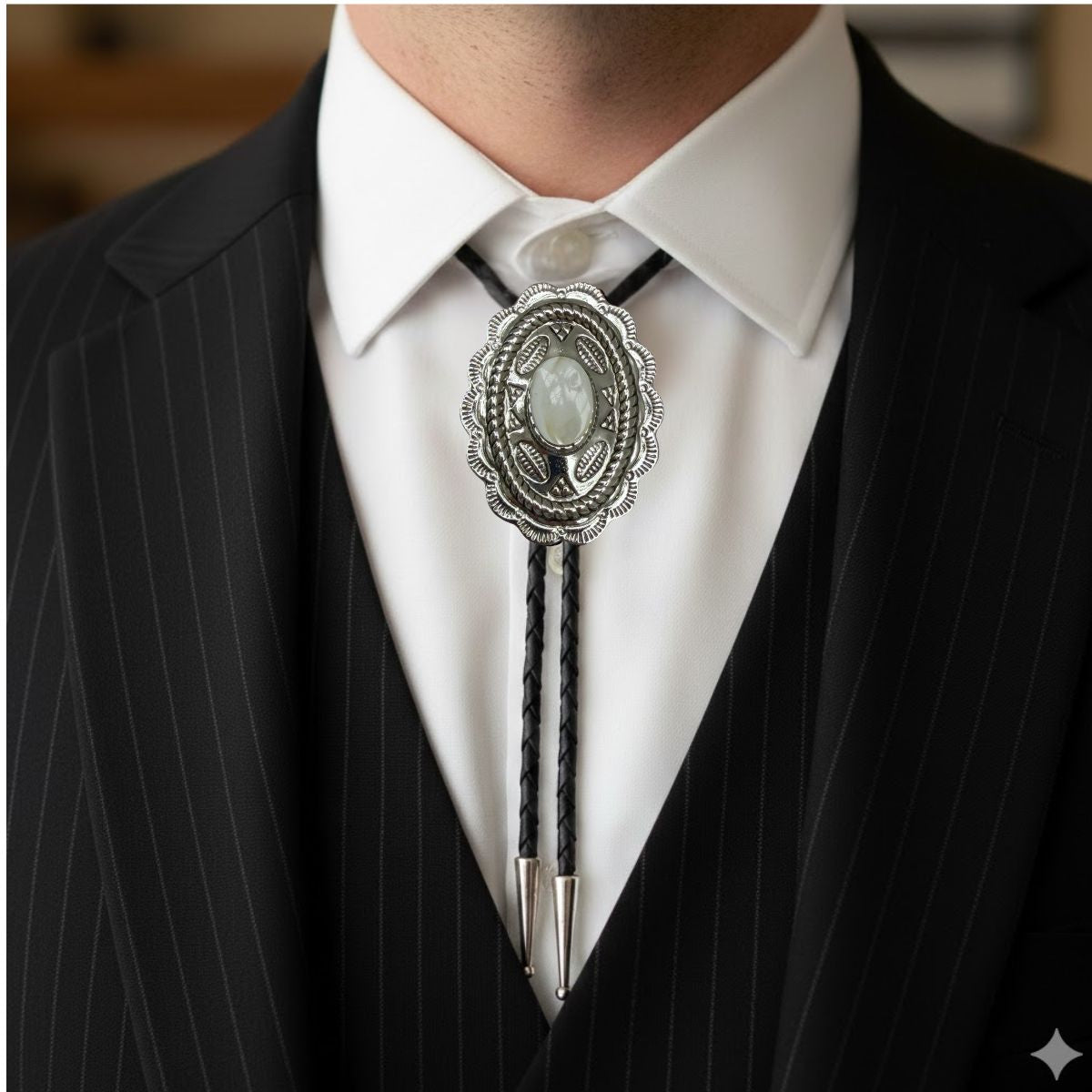 This  Western Style Silver bolo tie with a mother-of-pearl setting is the perfect accessory to wear to a Western wedding or event.  This photo shows how it looks on a man wearing a black pin-striped suit.