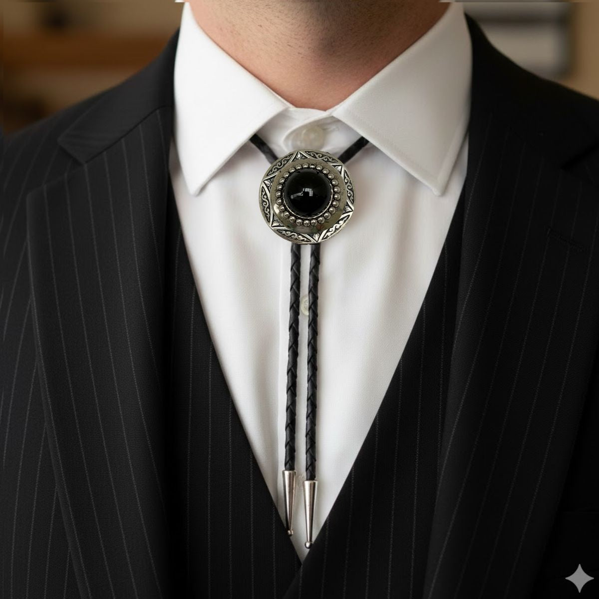 Man wearing a black pinstripe suit with a white shirt and a decorative bolo tie. Bolo tie is perfect for Western events and wedding accessories.