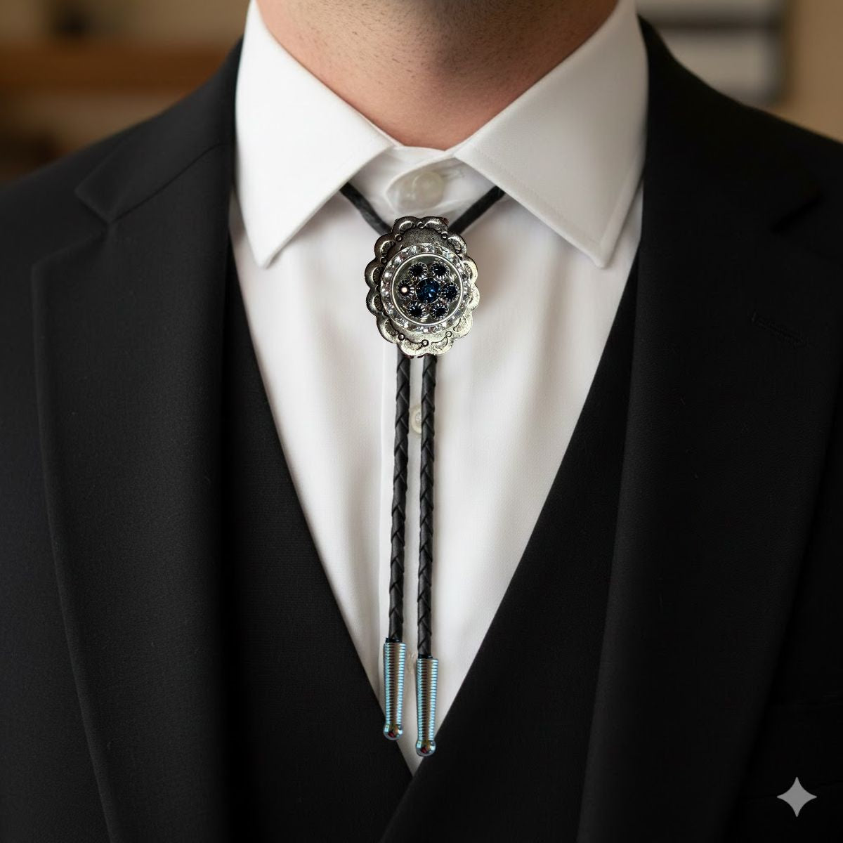 Bolo Tie Western Silver Theme medallion embellished with Montana Blue crystals.  Great accessory to wear to a Western Wedding or event.   This photo shows how it looks on a man wearing a suit and white shirt.