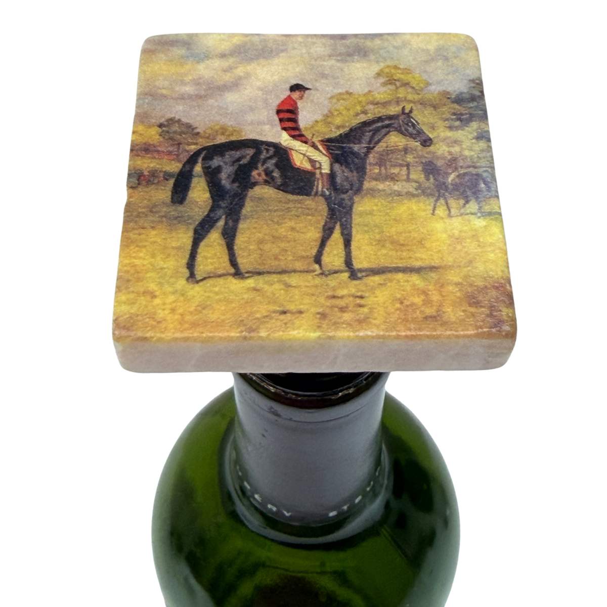 A square decorative bottle stopper featuring a painted scene of a rider on a horse, mounted on a dark green glass bottle against a white background.