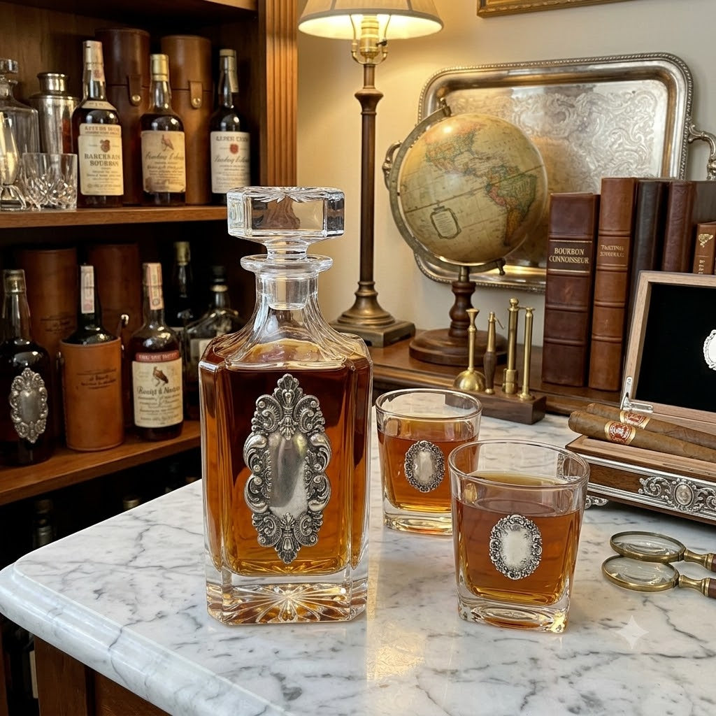 Vintage Silver Medallion Decanter Set | Gift for Bourbon Lover & Antique Lover