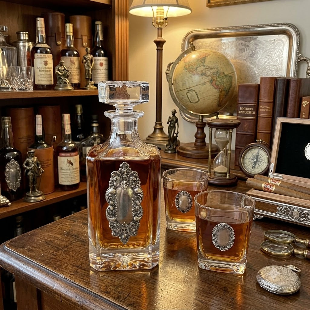 Vintage Silver Medallion Decanter Set | Gift for Bourbon Lover & Antique Lover