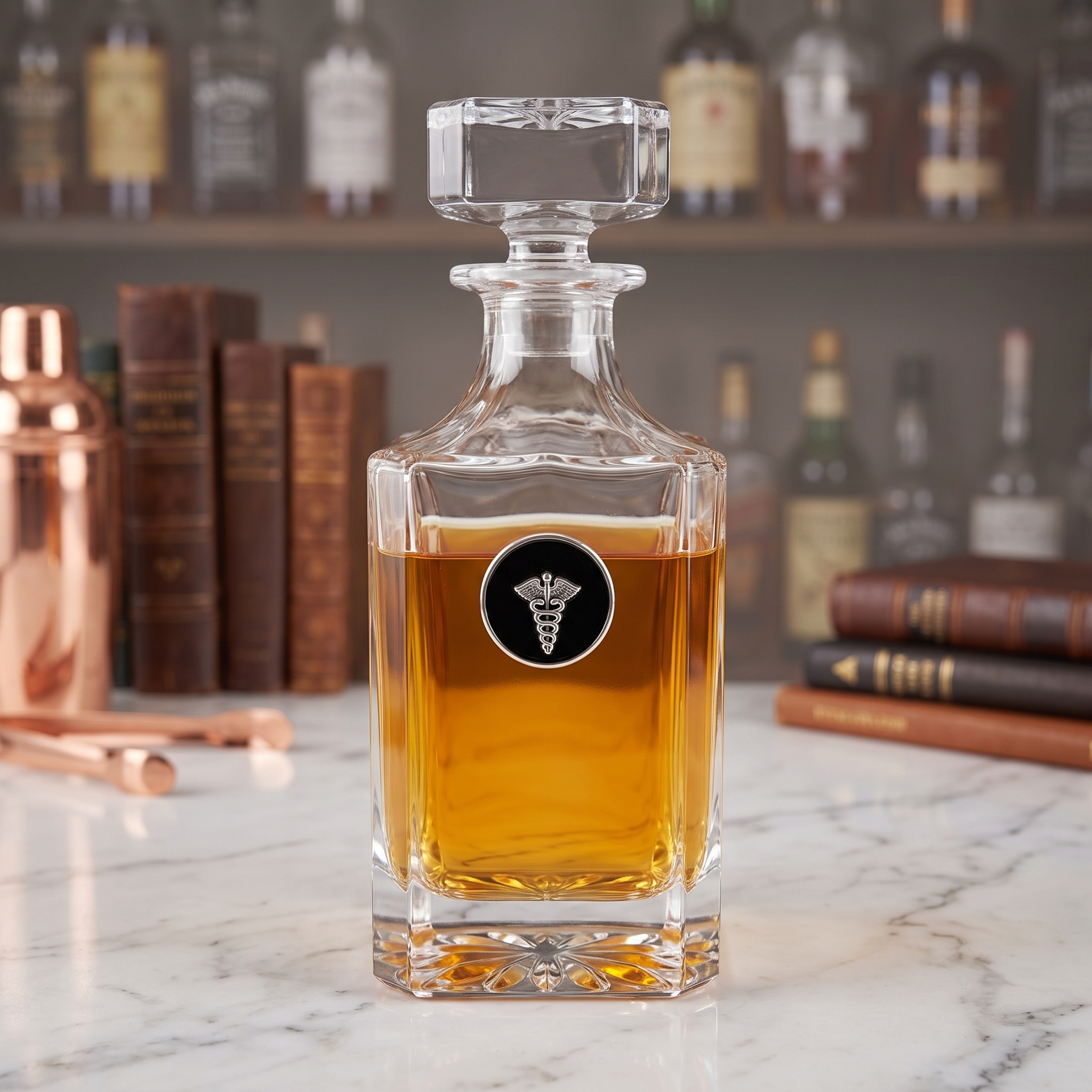 Our medical theme decanter features a round silver medallion with black enamel and a silver cardecus.   Each is handcrafted and a great gift for a doctor and medical professional.  This makes a great retirement gift for a doctor or physician.  