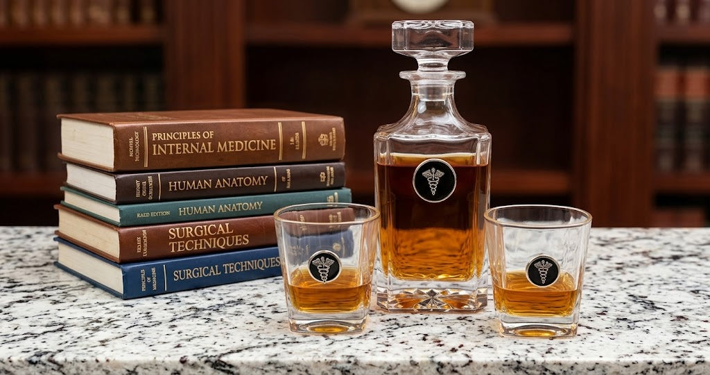 A clear glass decanter and two matching rocks glasses with amber liquid, each printed with a circular medical-style emblem, arranged on a speckled stone countertop beside a stack of medical textbooks in a warm indoor setting.
