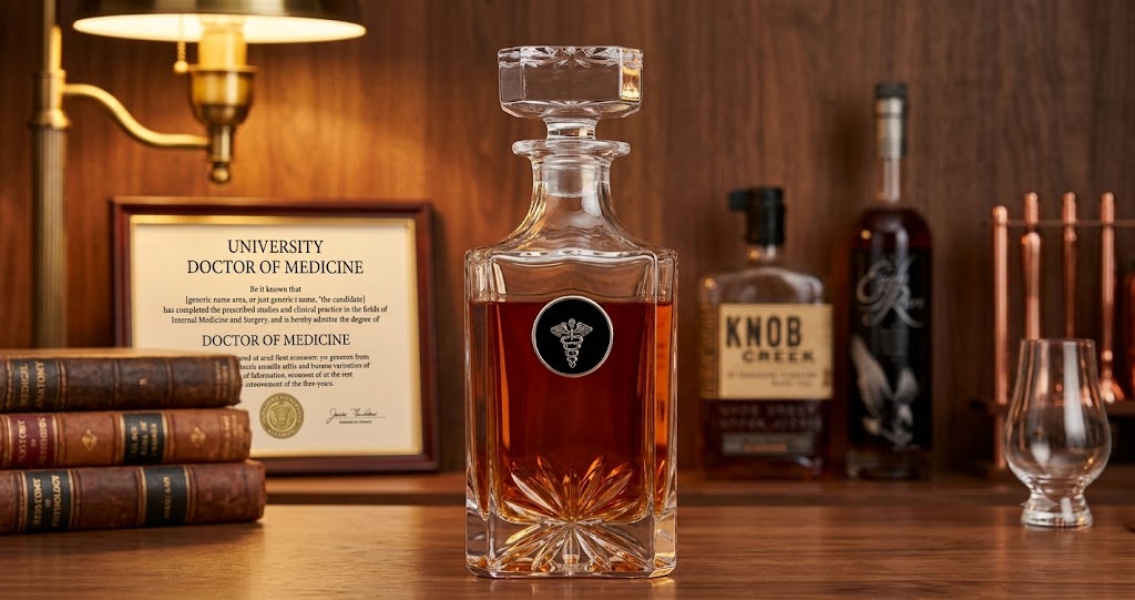 Medical theme decanter.  Great gift for doctor or medical professional who also is a bourbon lover.