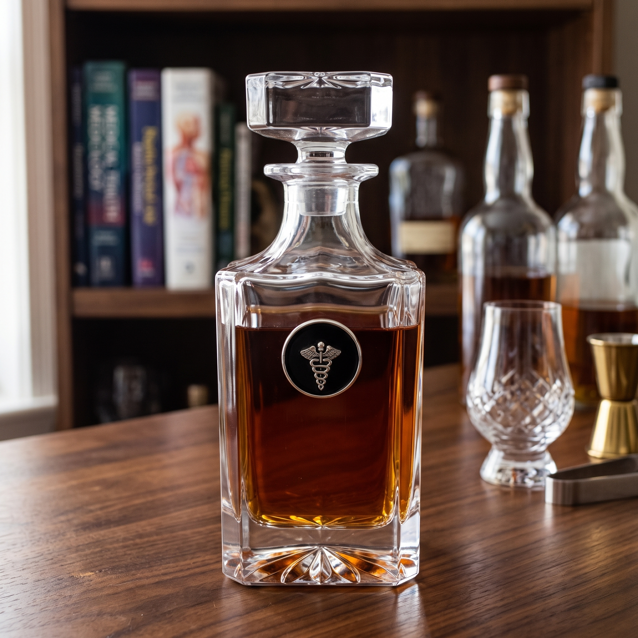 Our medical theme decanter features a round silver medallion with black enamel and a silver cardecus.   Each is handcrafted and a great gift for a doctor and medical professional.  This makes a great retirement gift for a doctor or physician.  