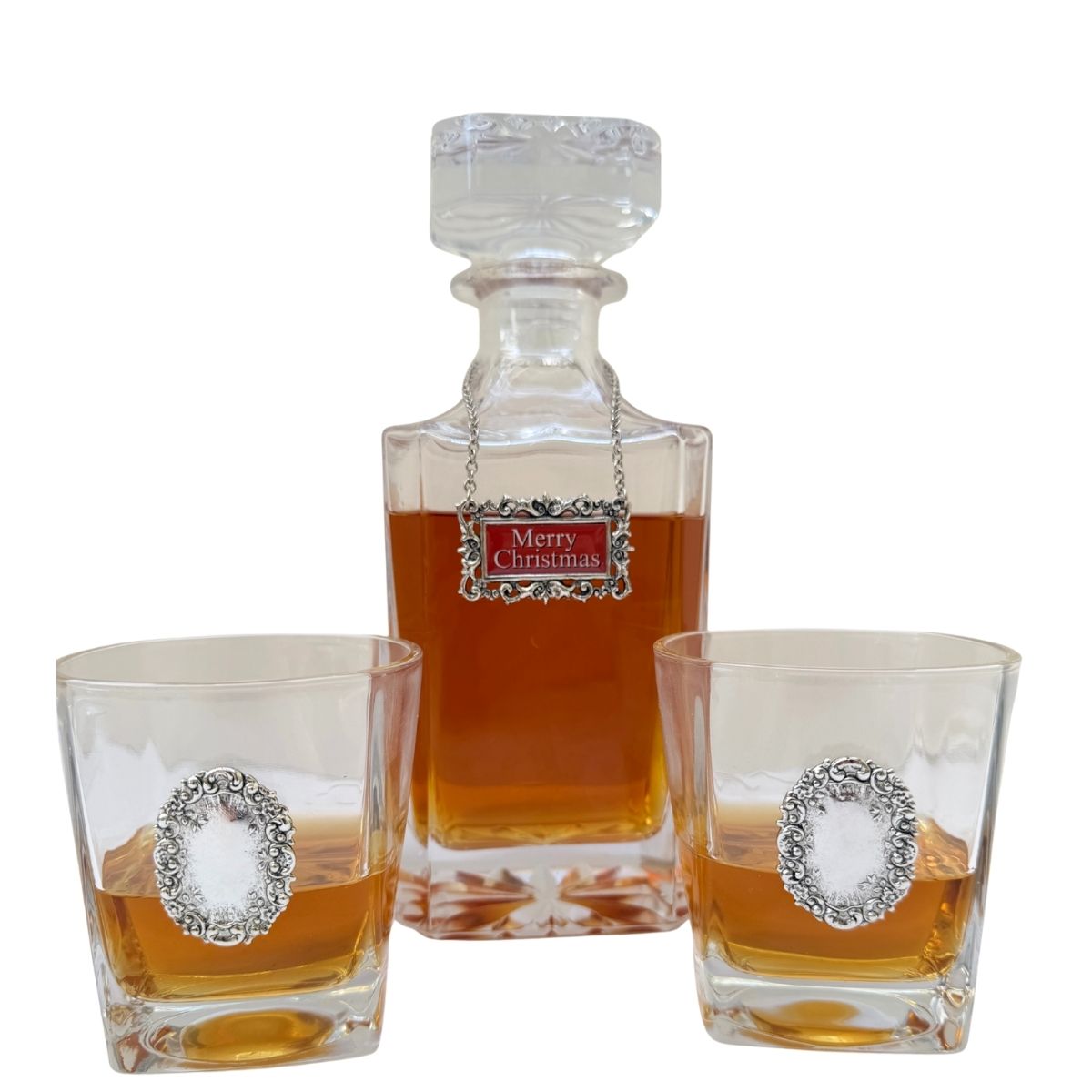 Merry Christmas Decanter Set Green includes large decanter and two bourbon glasses plus the silver "Merry Christmas" decanter marker in red