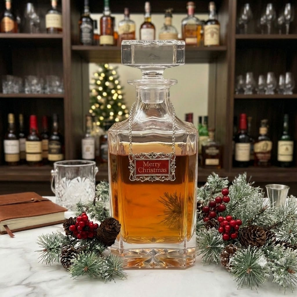A clear glass decanter filled with amber liquor sits on a marble surface, surrounded by holiday greenery and red berries, with a blurred bar shelf and Christmas tree in the background. A label on the bottle reads 'Merry Christmas'.