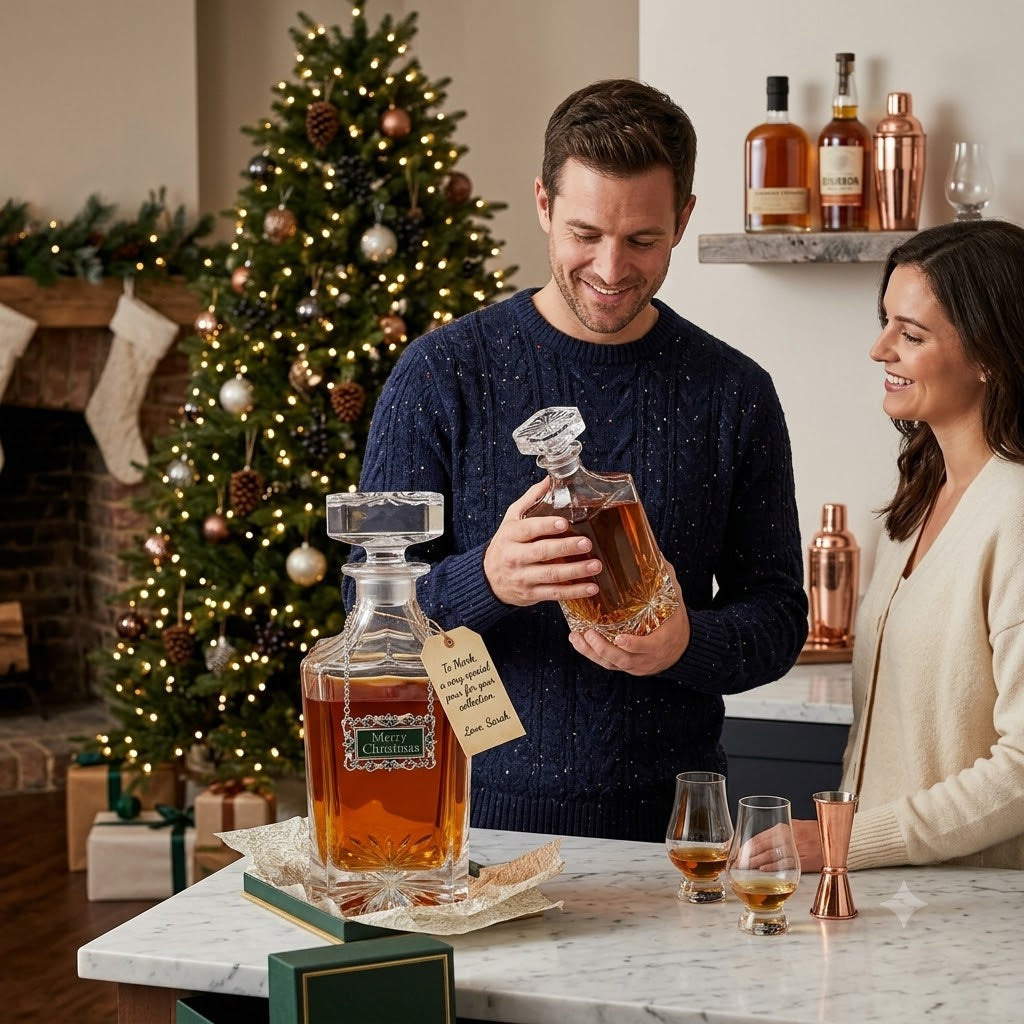A man and a woman in a cozy holiday kitchen setting, with the man holding a clear glass decanter filled with amber liquor. A larger matching glass decanter with a hanging tag sits on the marble counter in the foreground, alongside two filled whiskey glasses, a copper jigger, and a Christmas tree in the background.  This is the Classic Legacy Merry Christmas decanter