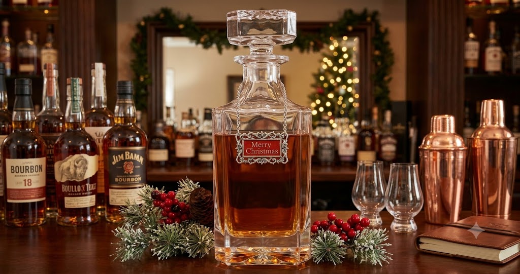 A clear glass  Merry Christmas whiskey decanter filled with amber liquor stands on a wooden bar counter, surrounded by holiday greenery and red berries, with liquor bottles, copper shakers, and glasses in a warmly lit bar setting.