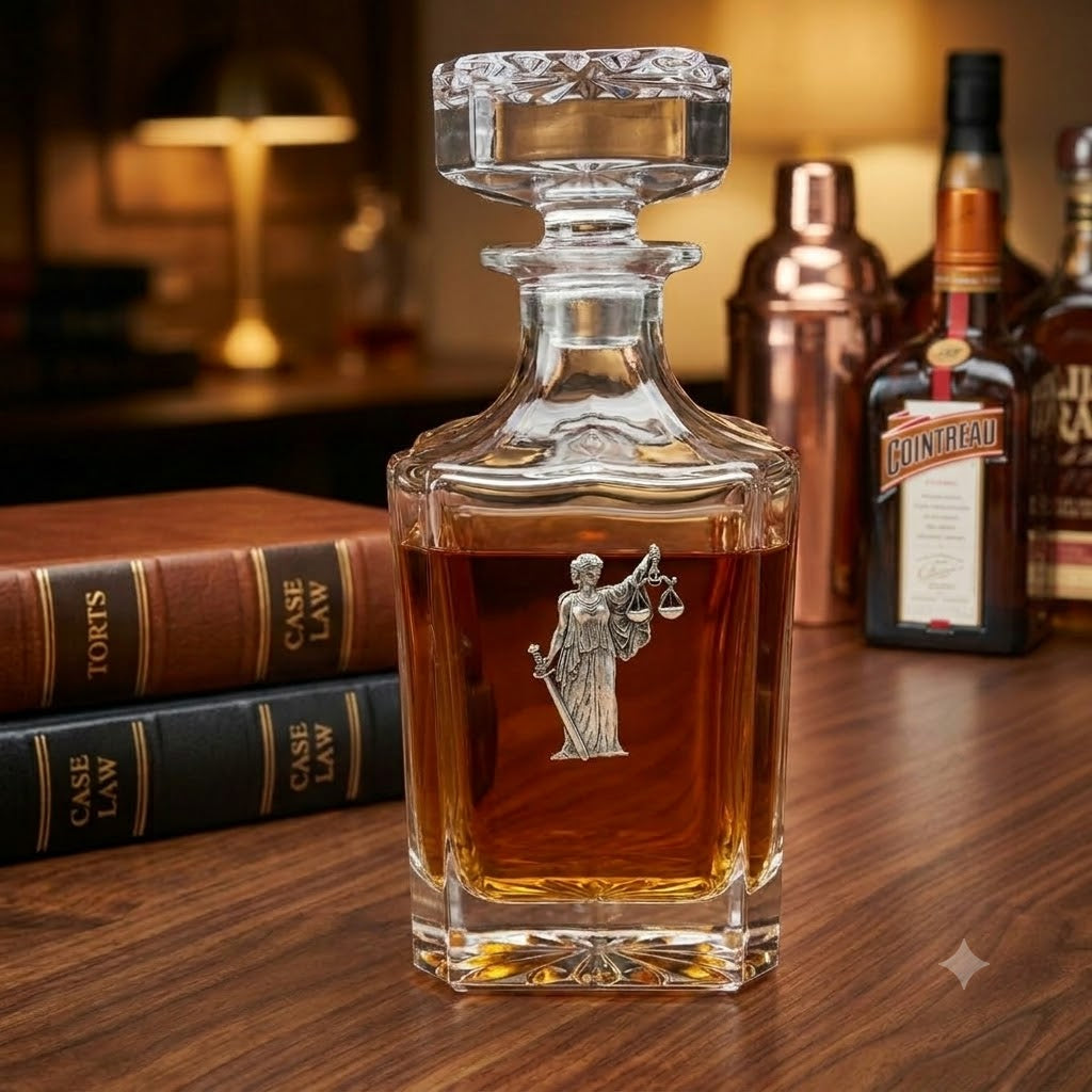 Lawyer theme decanter with large silver Lady Justice.  Great  gift for lawyer and bourbon lover.