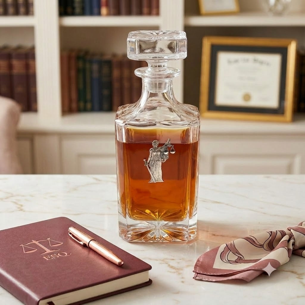 Lawyer theme decanter with large silver Lady Justice.  Great  gift for lawyer and bourbon lover.