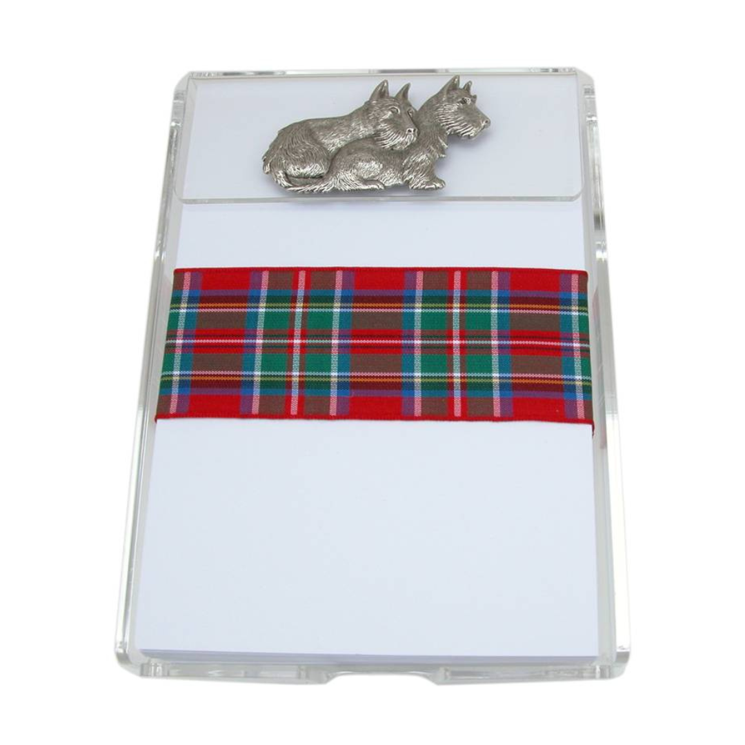 Note Pad with Large Silver Scottie Dogs Paper bound with red plaid ribbon