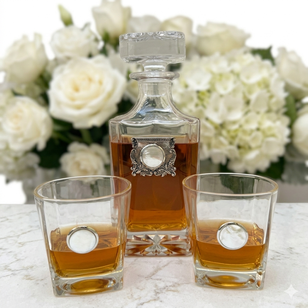 Decanter set with Silver Medallion and Mother Of pearl.   The set includes a large decanter with two bourbon  glasses.   All have Mother-of-Pearl medallions.   This is a perfect gift to celebrate the  30th year Pearl Anniversary 