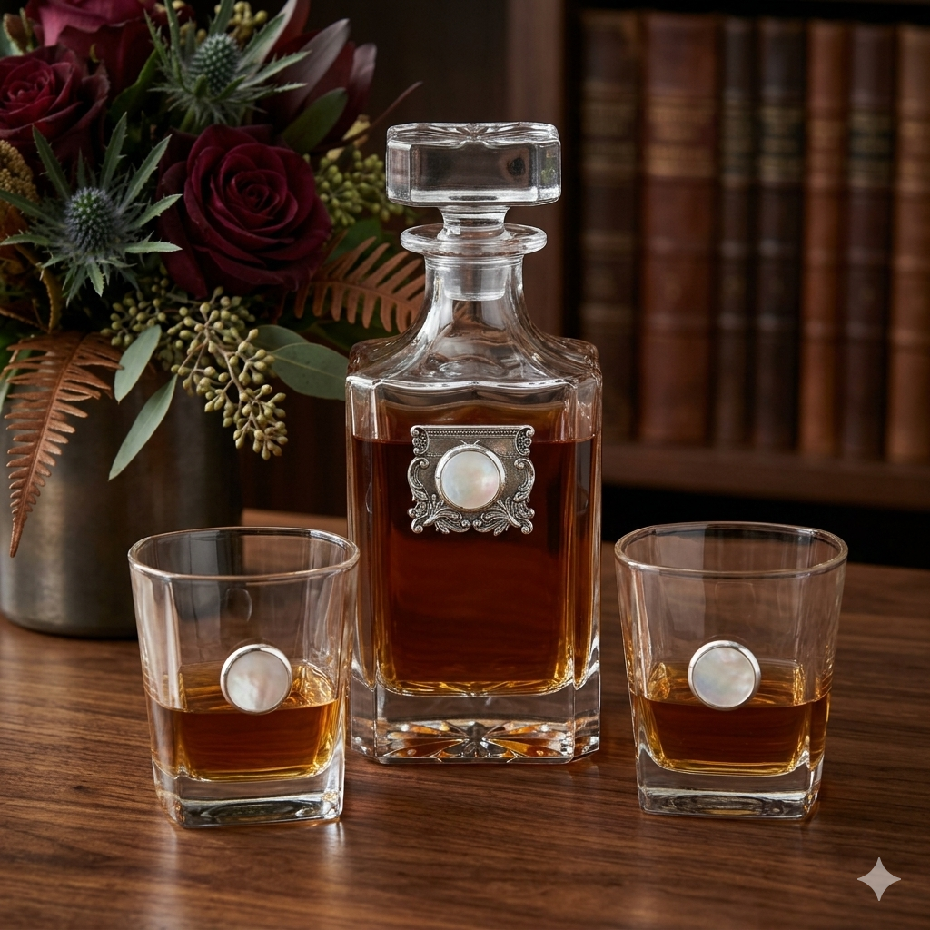 The pearl decanter set is perfect to celebrate the 30th anniversary.   It features  silver medallions and real Mother-of-Pearl. 