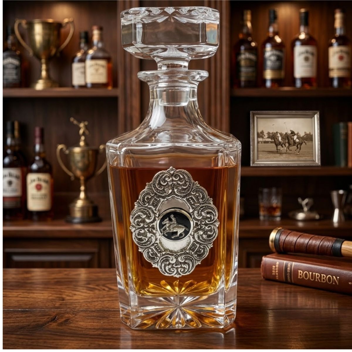 This decanter features a large silver medallion with a silver polo player.  This elegant decanter is handcrafted of lead-free glass. The large embellishment is added to each by hand.  The decanter holds 25 ounces and measures 9" x 4" It ships in a white gift box.  It is a great gift for any polo fan or polo rider.  

