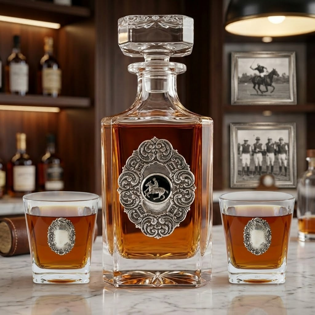 The Classic Legacy polo decanter set features a large silver medallion on the decanter.  It has a black enamel medallion in the center with a polo player.   The bourbon glasses are embellished with silver medallions.  This is a great gift for a polo player.

