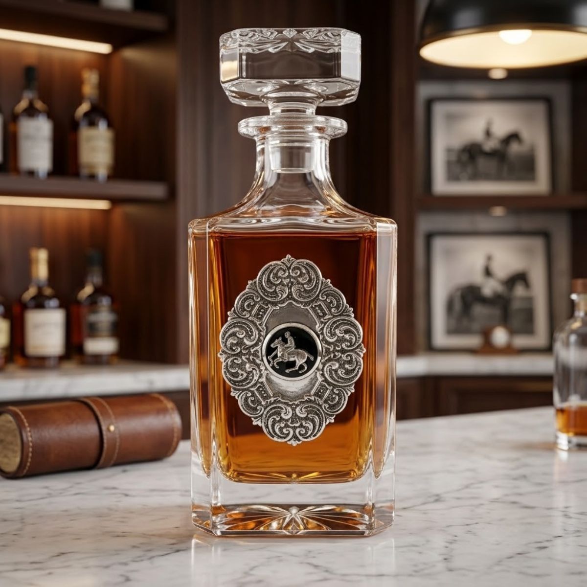 This decanter features a large silver medallion with a silver polo player.  This elegant decanter is handcrafted of lead-free glass. The large embellishment is added to each by hand.  The decanter holds 25 ounces and measures 9" x 4" It ships in a white gift box.  It is a great gift for any polo fan or polo rider.  
