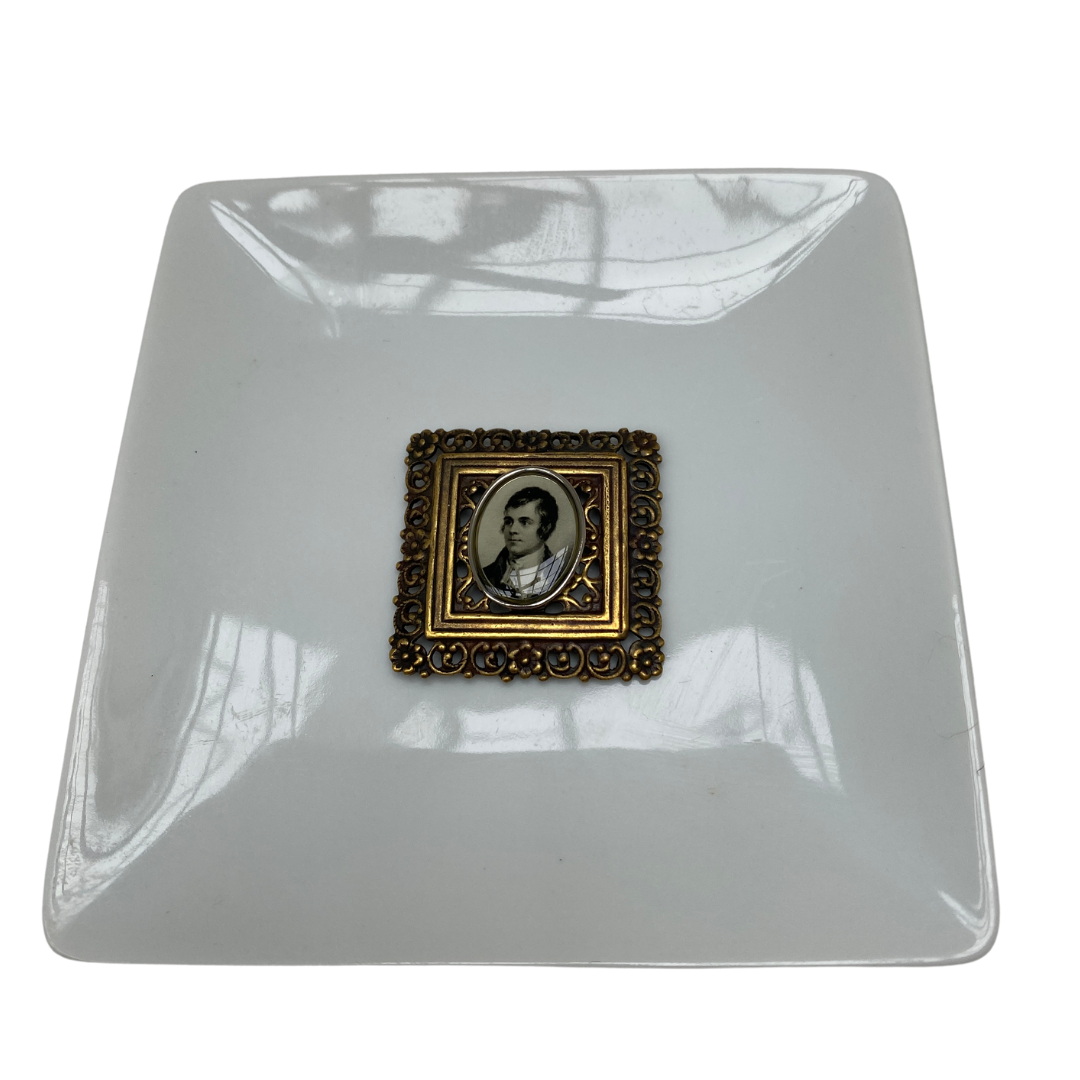 Square trinket tray with antique gold setting and image of Robert Burns in the center.   Gift for Robert Burns fans.