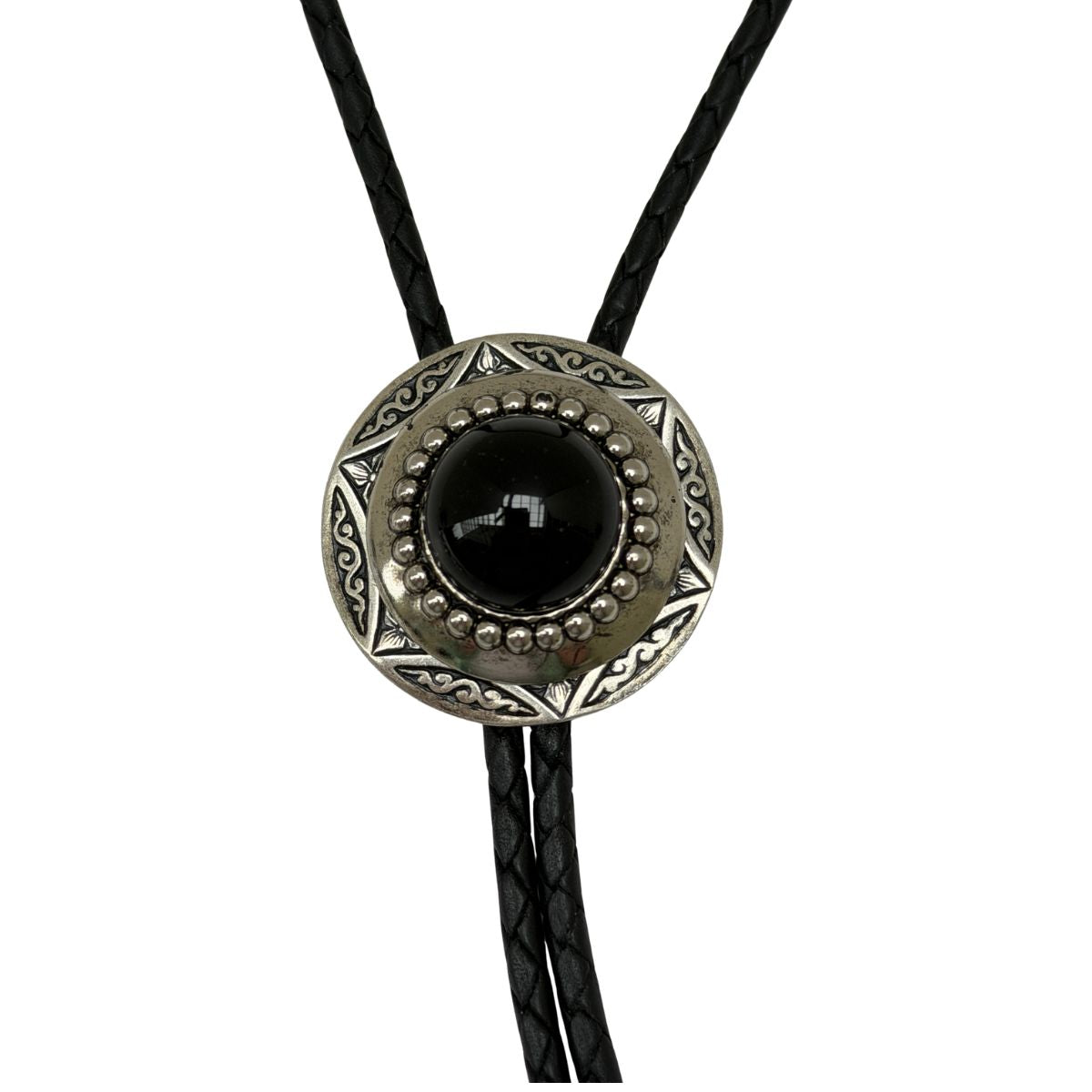 Bolo tie accessory for Western Event or Wedding.  Silver with Black Cabochon